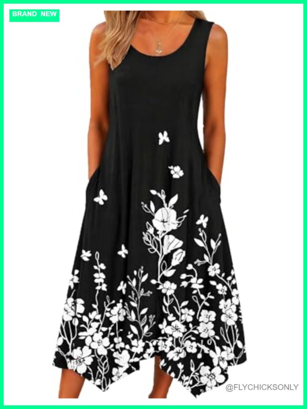 Sleeveless Floral Midi Sundress with Pockets Handkerchief Hem